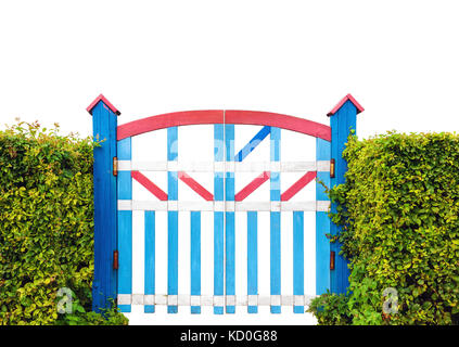 Porte de jardin en bois coloré avec clôture bush vert isolé sur fond blanc Banque D'Images