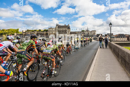 Amboise, France. 8 oct, 2017. Le peloton passant sur le pont en face du château d'amboise pendant la paris-tours course cycliste sur route. crédit : Radu razvan/Alamy live news Banque D'Images