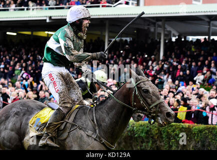 Cheval jockey josef kratochvil avec pas de temps à perdre célèbre après l'obtention de la 127e grand steeple-chase de Pardubice à Pardubice, République tchèque, le 8 octobre 2017. huit ans bay horse pas de temps à perdre avec jockey tchèque Jan kratochvil a gagné 127e grand steeple-chase de Pardubice, course urgente de surmonter avec gregaine jockey français felix de Giles dans la dernière partie du cours avant la ligne d'arrivée.Le 26-year-old kratochvil a remporté la course pour la première fois, de même que de ne pas perdre de temps. leur coach était légendaire Josef vana senior, 64 ans, qui a remporté la course annuelle 8 fois comme un jockey. (Ctk photo/rom Banque D'Images