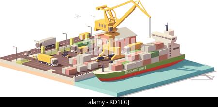 Faible vecteur terminal à conteneurs du port de poly et expédier Illustration de Vecteur