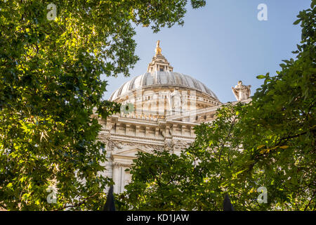 La Cathédrale St Paul dome vue à travers les arbres et les feuilles dans le cimetière jardin. Ville de London, UK Banque D'Images