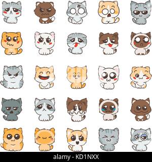 Cute cartoon chats et chiens avec différentes émotions. sticker collection. Illustration de Vecteur
