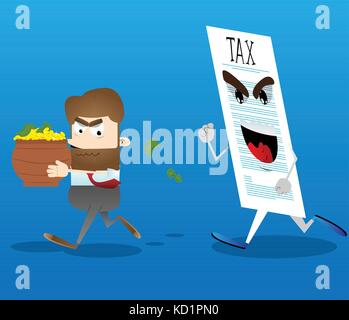 Business office worker courir loin de taxe avec un pot d'argent dans ses mains. vector cartoon illustration. Illustration de Vecteur