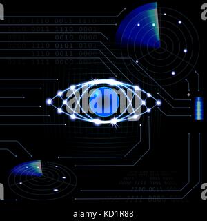 L'œil technologique brillant sur fond noir hud. neon grille. circuit imprimé. le radar, batterie. illustration Illustration de Vecteur