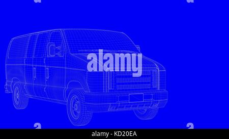 Le rendu 3D d'un blue print voiture en lignes blanches sur un fond bleu Banque D'Images