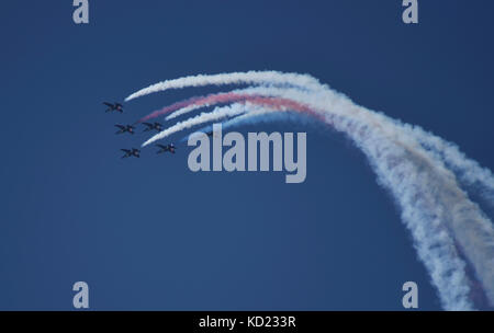 Les Patriotes Jet Team veines rouge, blanc et bleu de la fumée par le ciel au cours d'un spectacle aérien sur la baie de San Francisco Banque D'Images