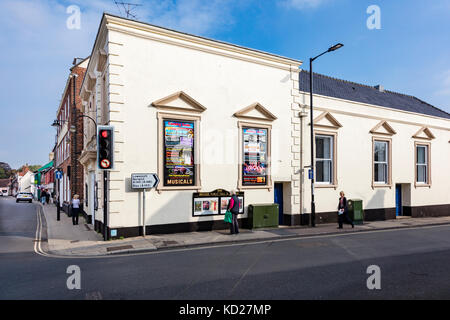 Une femme regarde des affiches sur le mur de beccles public hall et théâtre, Beccles, Suffolk, uk Banque D'Images