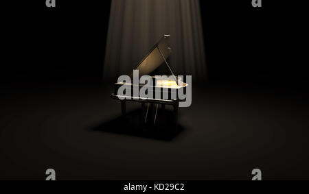 Piano noir de luxe dans l'obscurité sous les projecteurs de scène. Rendu 3d illustration. Banque D'Images