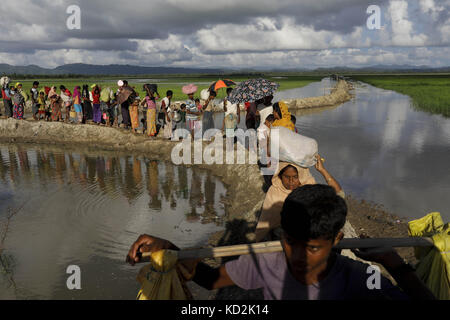 9 octobre 2017 - 09 octobre 2017 Cox's bazar, BANGLADESH - des centaines de Rohingyas personnes traversant la frontière du Bangladesh en fuyant de buchidong au Myanmar après avoir traversé le fleuve Naf au Bangladesh. selon le Haut Commissaire des Nations unies pour les réfugiés (HCR), plus de 525 000 réfugiés Rohingyas ont fui le Myanmar à la violence au cours du mois dernier avec la plupart d'entre eux tentaient de rejoindre la frontière du Bangladesh. organisations internationales ont fait état d'allégations de violations des droits de l'homme et les exécutions sommaires perpétrées par l'armée du Myanmar. (Crédit image : © k m asad via zuma Banque D'Images