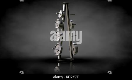 Le rendu 3D d'un reflet métallique outils de sport sur fond sombre Banque D'Images