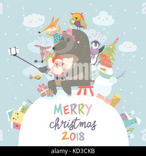 Des animaux avec le père noël prendre un selfies Illustration de Vecteur