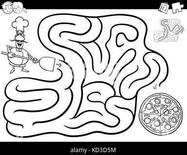 Illustration cartoon noir et blanc de l'éducation ou l'activité Labyrinthe Labyrinthe jeu pour les enfants avec le chef pizza et caractère Coloring Book Illustration de Vecteur