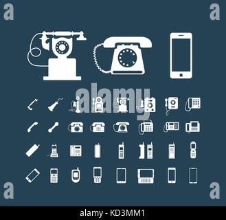 Vector retro phone icon set , vintage icônes blanches sur noir Illustration de Vecteur