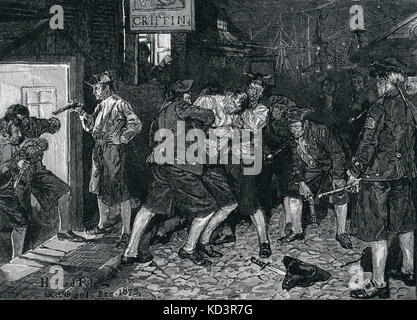 Bande de presse, New York sous le règne colonial britannique, 1757, pendant la guerre de sept ans. Illustration de Howard Pyle, 1880 Banque D'Images