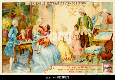 Wolfgang Amadeus Mozart en 1762, avec sa sœur, Marianne, à la cour de l'Impératrice Marie-Thérèse. Imprimer à partir de viande Liebig annonce. Compositeur autrichien,1756-1791 Banque D'Images