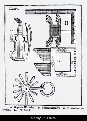 À partir de la plaque XXXIV Praetorius 'Syntagma Musicum' montrant : 11. Dispositif de réglage 12. Les tuyaux de réglage 13. Tuning 14 carillons. 'Vieux' Fiddel. En date du 1619. 16e siècle 17e siècle, la Renaissance du début du Baroque. Praetorius : compositeur et musicologue allemand de sacré et profane de la musique, 18 février 1571 - 15 février 1621. Banque D'Images