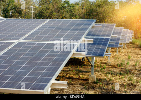 L'énergie verte à partir de la ferme solaire la lumière du soleil montre beaucoup de plaque de cellules solaires Banque D'Images