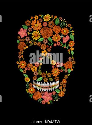 Crâne Broderie fleur orange face patch mexicain texture textile brodé Croix. imprimer. dia de los muertos le jour des morts ou carte halloween vect Illustration de Vecteur
