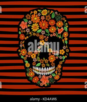 Crâne Broderie fleur orange face patch mexicain texture textile brodé Croix. imprimer. dia de los muertos le jour des morts ou carte halloween vect Illustration de Vecteur