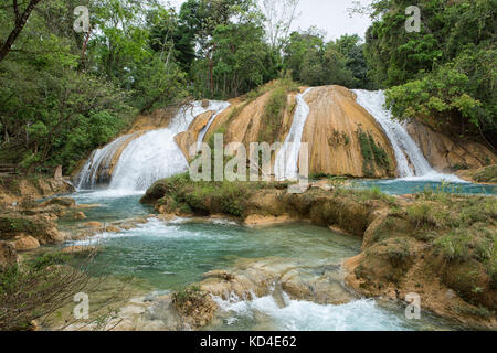 16 avril 2014, le Mexique : le tumbala 'Agua Azul' cascade se compose de nombreuses cataractes après une après l'autre et est l'une des attractions principales o Banque D'Images