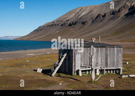 Norvège, Svalbard, Réserve Naturelle De Svalbard Sud, Edgeoya, Kapp Lee. Vieux chalet trappeurs sur la plage à distance. Banque D'Images