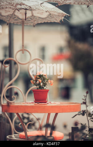 Table avec une fleur sur la table près de cafe bar. street extérieur. Banque D'Images