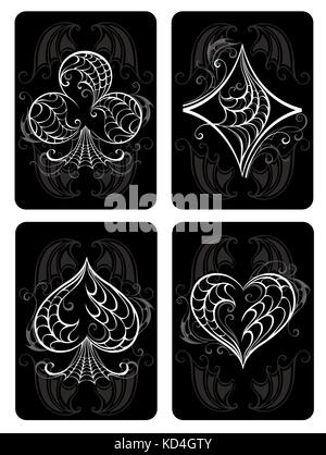 Black jouer aux cartes avec symboles blancs. Les symboles des cartes à jouer. Les symboles de cartes à jouer, cœur, Diamond, spade et club. Illustration de Vecteur