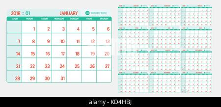 Vecteur de nouvel an 2018 du calendrier avec la lumière de couleur verte et rouge vintage dans le tableau et le modèle de style moderne simple et propre ,semaine commencent à partir de dimanche. Illustration de Vecteur