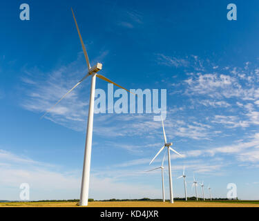 L'alignement des éoliennes dans les champs produisant de l'électricité renouvelable à partir du vent. Banque D'Images