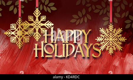 Composition graphique d'ornements et flocon d'or maison de vacances les branches d'arbre de Noël stylisé sur un fond texturé coup de pinceau rouge avec le mess Banque D'Images