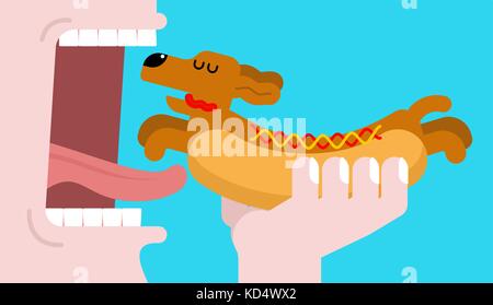 Manger des hot dog dachshund. Ouvrez la bouche et des dents. animal de hotdog. vector illustration Illustration de Vecteur