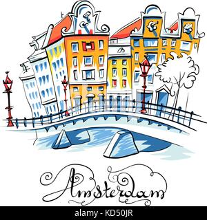 Vue sur la ville de vecteur d'un canal à Amsterdam Illustration de Vecteur