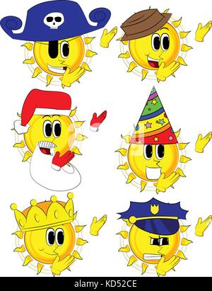 Soleil dessin animé montrant quelque chose avec les deux mains, puissant geste de la main. collection de costumes avec expressions. vector set. Illustration de Vecteur