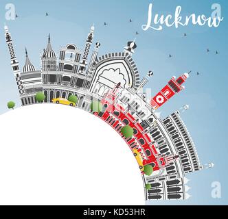 Lucknow avec toits de bâtiments gris, bleu ciel et espace copie. vector illustration. Les voyages d'affaires et tourisme concept avec l'architecture historique. Illustration de Vecteur