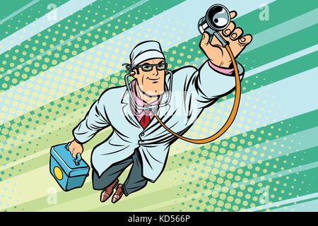 Médecin Médecin stéthoscope avec super-héros volant. bande dessinée cartoon retro pop art dessin illustration vectorielle Illustration de Vecteur