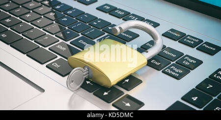 Concept de cybersécurité. Cadenas déverrouillé sur un ordinateur portable. illustration 3d. Banque D'Images