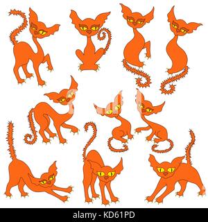 Halloween jeu de dix chats orange amusante avec les yeux jaune et avec une queue épineuse, illustrations vectorielles isolé sur fond blanc Illustration de Vecteur