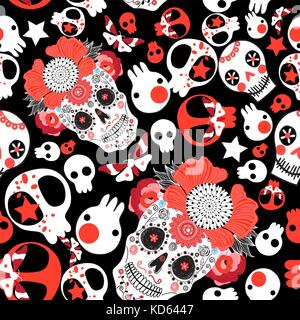 Maison de vacances à motif de crânes joyeux Halloween sur fond noir Illustration de Vecteur
