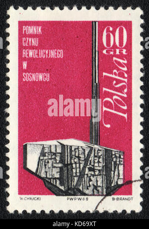 Un timbre-poste imprimé en Pologne montre monument à l'action révolutionnaire de Sosnowiec, vers 1968 Banque D'Images