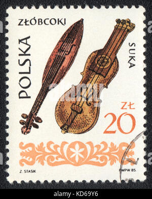 Un timbre-poste imprimé en Pologne montre des instruments de musique et zlobcoki bacarê, à partir de la série, vers 1985 Banque D'Images