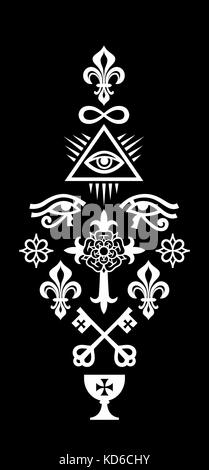Colonne chrétienne (symboles de la foi). La croix héraldique, de rose et de lys royal. le mystique, signes et symboles religieux. Banque D'Images