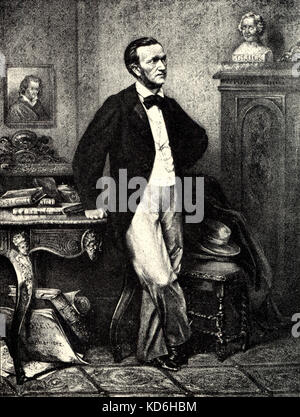 Richard Wagner, lithographie de W. Jab, après une photographie prise à Vienne en 1862. Regardant buste de Gluck. Compositeur allemand d'auteur, 1813-1883. Banque D'Images