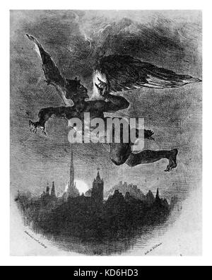 Satan survolant la ville la nuit. Lithographie de Delacroix. Damnation de Faust ('La Damnation de Faust', 1846) de Berlioz. Compositeur français, 1803-1869. Banque D'Images