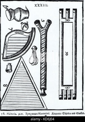 À partir de la plaque XXXIII Praetorius 'Syntagma Musicum' Les numéros 7 et 8, 9 et 10 du psaltérion, Tympany Hieronimi, Klappers, Schellen (petite cloche) et Sleden. En date du 1619. 16e siècle 17e siècle, la Renaissance du début du Baroque. Praetorius : *- musicien Allemand, compositeur et théoricien, 15 février 1571 - 15 février 1621. Banque D'Images