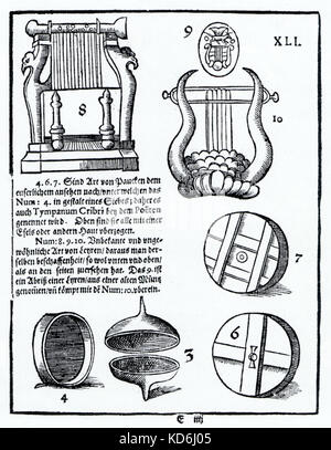 XXXII de la plaque du Praetorius 'Syntagma Musicum" indiquant : 3. les cymbales en forme de coupe, 8., 10. cithare lyre. En date du 1619. 16e siècle 17e siècle, la Renaissance du début du Baroque. Praetorius : musicien Allemand, compositeur et théoricien, 15 février 1571 - 15 février 1621. Banque D'Images