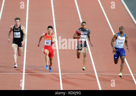 Chijindu UJAH (Grande-Bretagne), Aska CAMBRIDGE (Japon), Bingtian SU (Chine), Joseph MILLAR (Nouvelle-Zélande) de franchir la ligne d'arrivée dans l'épreuve du 100m 4 au 2017, championnats du monde IAAF, Queen Elizabeth Olympic Park, Stratford, London, UK. Banque D'Images