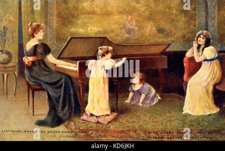 Jeune femme jouant du piano (piano) avec couple admirativement et jeunes enfants essayer de trouver où le son provient de. Au début du xxe siècle anglais illustration par O. Stockman, intitulé "à l'écoute où le son provient de', ensemble dans la fin du 18e/début du 19e siècle. Publicité pour Pearks' plateau et le beurre sur une carte postale. Banque D'Images