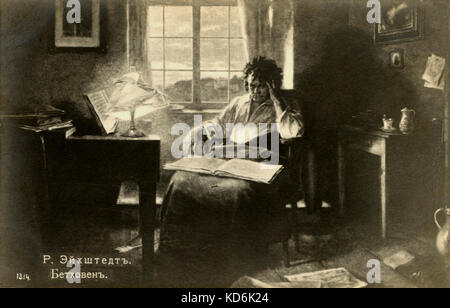 Ludwig van Beethoven - portrait du compositeur allemand assis dans un fauteuil avec score sur son tour, par le piano. Illustration par R. Eichstedt. Révolution Pre-Bolshevik. 17 Décembre 1770- 26 mars 1827 Banque D'Images