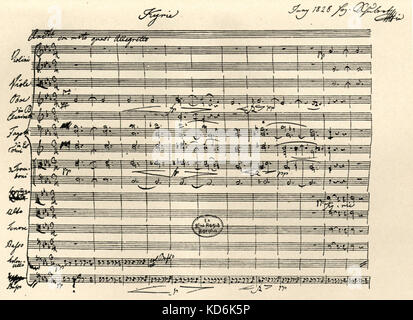 Franz Schubert's manuscrit note pour Kyrie de la Messe en la bémol et mi bémol majeur Masse (1814-1828) signé et daté 1828 compositeur autrichien, 1797-1828. Franz Schubert. Banque D'Images