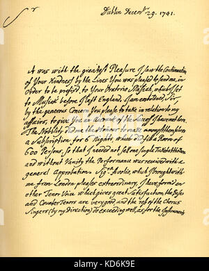 Lettre de Haendel de Dublin à Charles Jennens qui mots sélectionnés à partir de la Bible ('Isiah') pour «messie' oratorio. Mots mis en musique avant qu'il quitte l'Angleterre pour l'Irlande. Lettre en anglais en date du 29 décembre 1741, première page. Compositeur allemand, 1685-1759. Banque D'Images